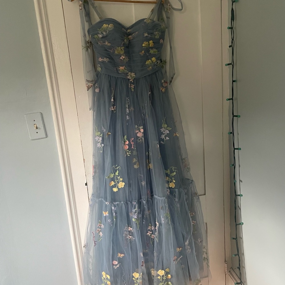 Floral Embroidered Blue Prom Dress
